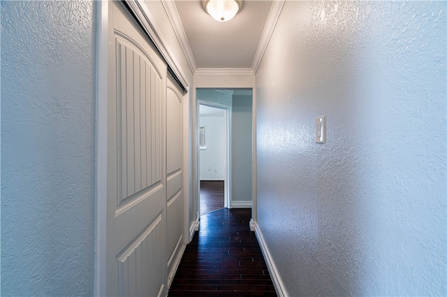 hallway with dark hardwood / wood-style flooring and crown molding