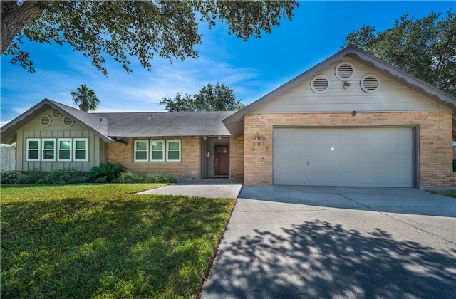 ranch-style house featuring a garage and a front lawn