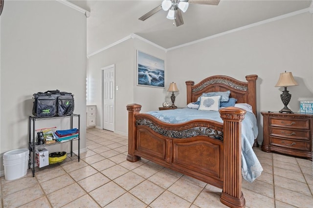 bedroom with light tile patterned floors, baseboards, a ceiling fan, and crown molding