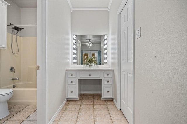 full bath with tile patterned flooring, vanity, bathing tub / shower combination, baseboards, and ornamental molding