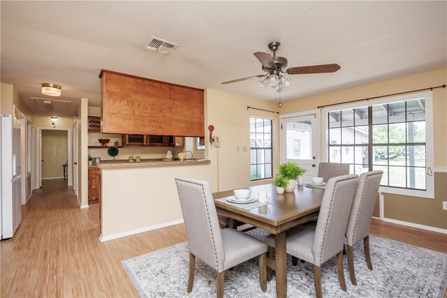 dining area featuring a wealth of natural light, light hardwood / wood-style floors, and ceiling fan