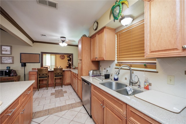 kitchen with sink, light tile patterned floors, ornamental molding, stainless steel dishwasher, and backsplash