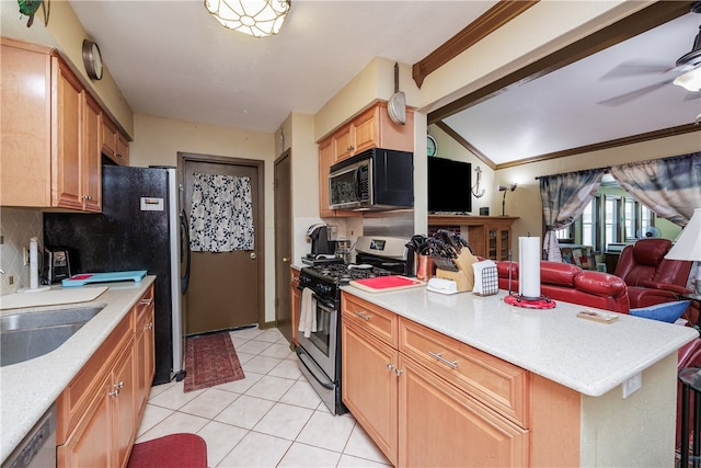 kitchen with appliances with stainless steel finishes, ornamental molding, light tile patterned floors, lofted ceiling, and decorative backsplash