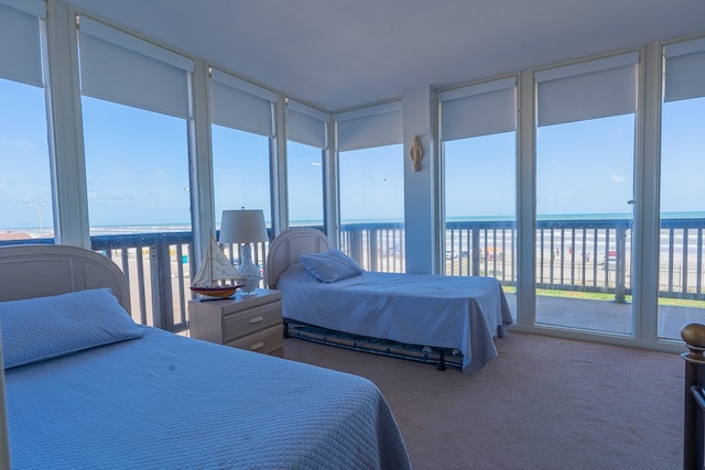 bedroom featuring a water view, floor to ceiling windows, and carpet flooring