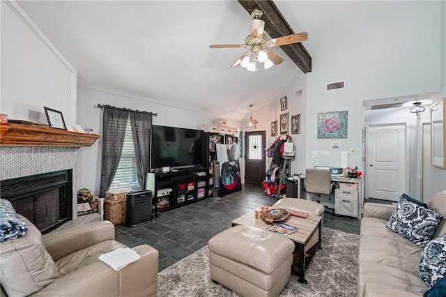 6906 Whalen Dr, Corpus Christi, TX 78413 - living room with beamed ceiling, ceiling fan, a tiled fireplace, and high vaulted ceiling