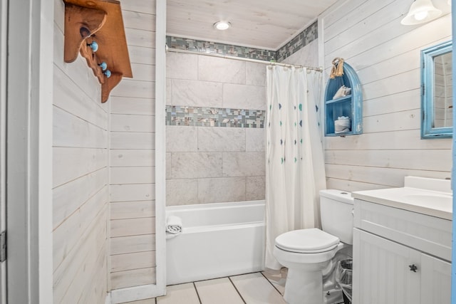 full bathroom featuring shower / bath combination with curtain, vanity, wooden walls, and toilet