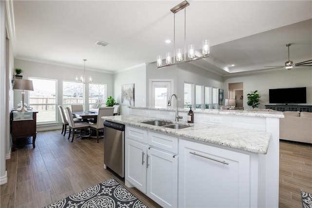 kitchen featuring a sink, a wealth of natural light, open floor plan, and stainless steel dishwasher