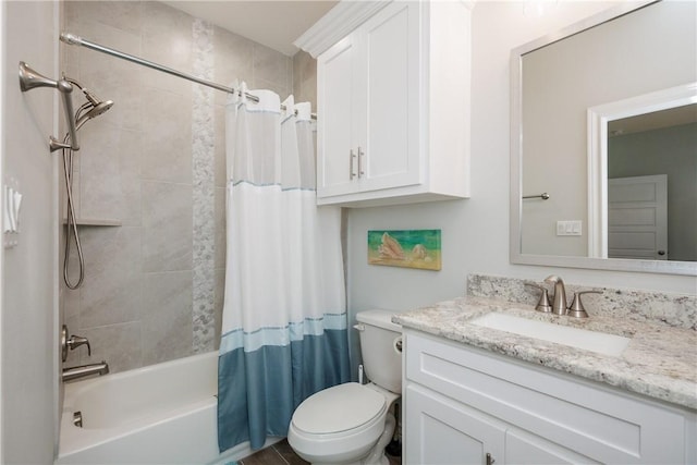 full bathroom with toilet, shower / tub combo with curtain, and vanity