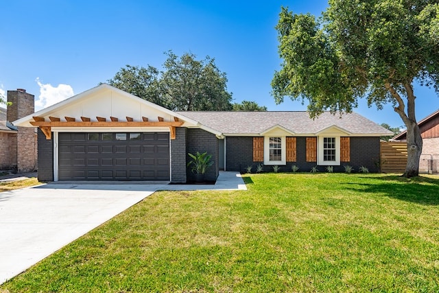 ranch-style house featuring a garage, fence, a front lawn, and brick siding