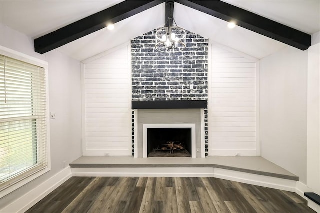 room details featuring wood-type flooring, a notable chandelier, and beamed ceiling