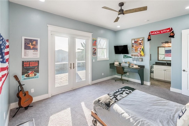 bedroom with french doors, light carpet, baseboards, and access to outside