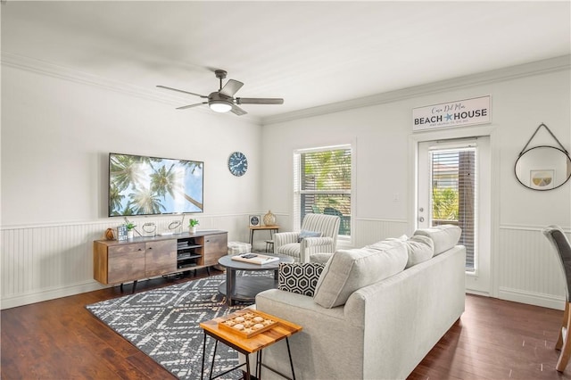 living room with crown molding, dark wood-type flooring, and ceiling fan