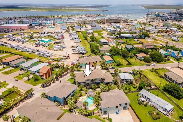 bird's eye view with a water view