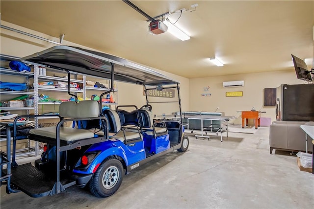 garage with a garage door opener, stainless steel fridge, and an AC wall unit