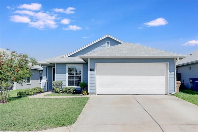 6753 Mikayla St, Corpus Christi, TX 78413 - ranch-style home with concrete driveway, a garage, a front yard, and roof with shingles