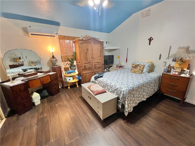 bedroom with lofted ceiling, dark wood-type flooring, a wall mounted air conditioner, and ceiling fan