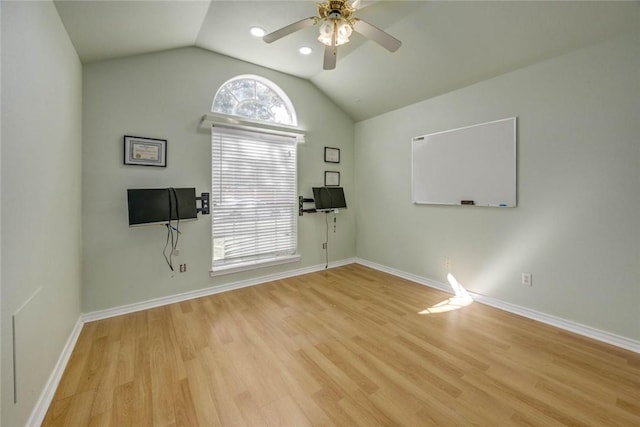 7313 Prairie Dr, Corpus Christi, TX 78413 - empty room with a ceiling fan, lofted ceiling, and wood finished floors