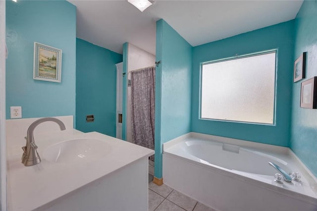 7313 Prairie Dr, Corpus Christi, TX 78413 - bathroom featuring tile patterned flooring, a garden tub, a shower with curtain, and vanity