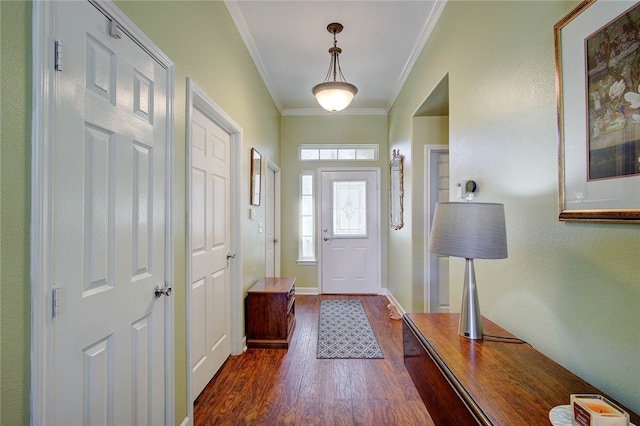 entryway featuring ornamental molding and dark hardwood / wood-style floors