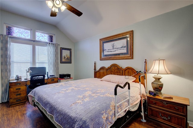 bedroom with dark wood-type flooring, ceiling fan, and vaulted ceiling