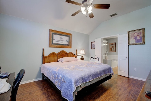 bedroom featuring lofted ceiling, ceiling fan, and dark hardwood / wood-style floors