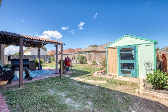 view of yard with a storage unit and a patio