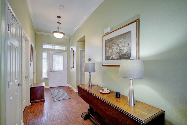 entrance foyer featuring ornamental molding and dark hardwood / wood-style flooring