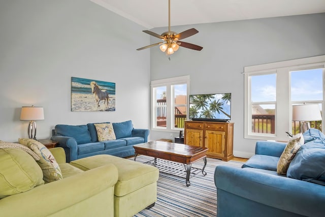 living room featuring ceiling fan and high vaulted ceiling