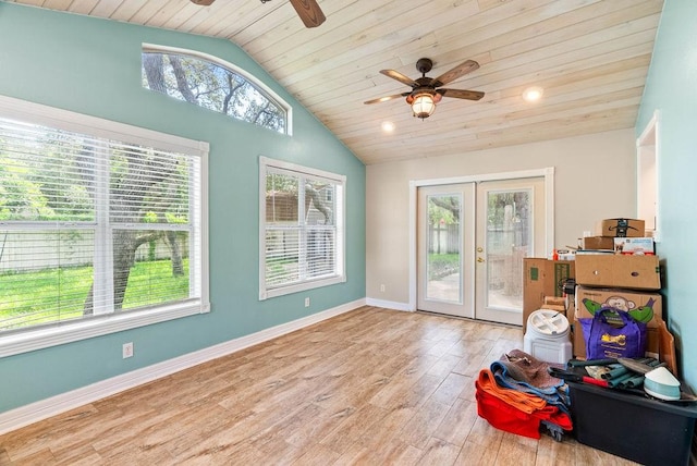 116 Greenway Ln, Rockport, TX 78382 - interior space with a ceiling fan, french doors, healthy amount of natural light, lofted ceiling, and wood ceiling