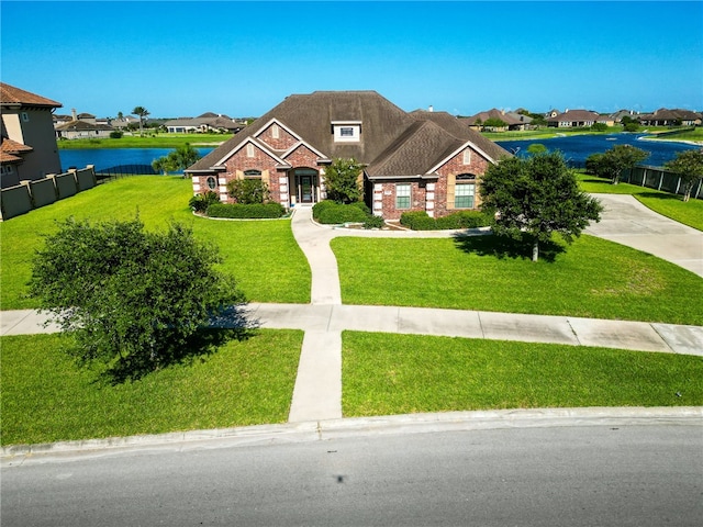 view of front facade with a water view and a front lawn