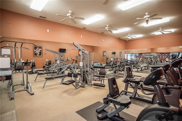 14721 Whitecap Blvd Unit 115, Corpus Christi, TX 78418 - gym with ceiling fan, carpet flooring, and vaulted ceiling
