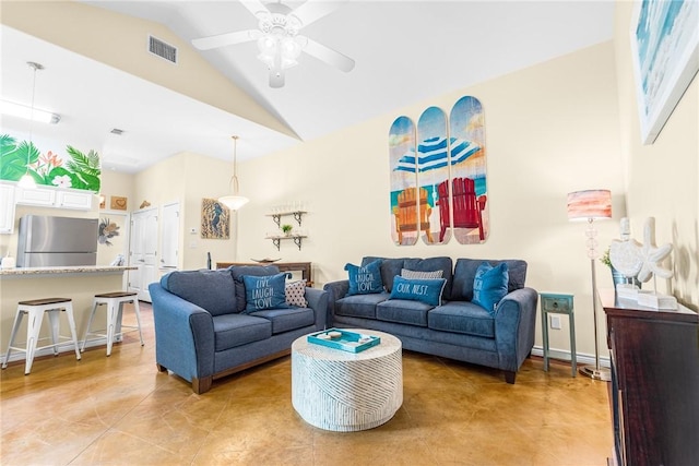 living area with visible vents, ceiling fan, and high vaulted ceiling