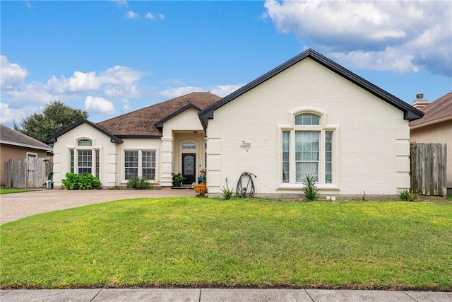 single story home featuring a front yard, fence, and brick siding