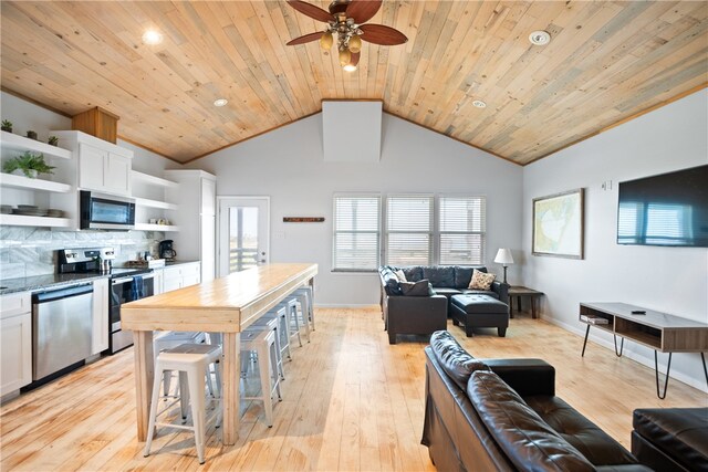 kitchen with appliances with stainless steel finishes, wooden ceiling, light hardwood / wood-style floors, and white cabinets