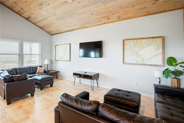 living room with light hardwood / wood-style floors, wood ceiling, and vaulted ceiling