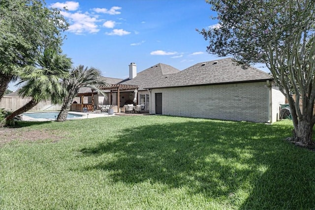 6046 Tarafaya Dr, Corpus Christi, TX 78414 - rear view of house featuring a pergola, brick siding, a patio area, a chimney, and roof with shingles