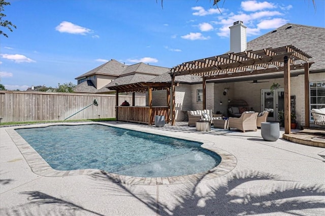 6046 Tarafaya Dr, Corpus Christi, TX 78414 - view of swimming pool with a pergola, a patio, an outdoor living space, and a ceiling fan