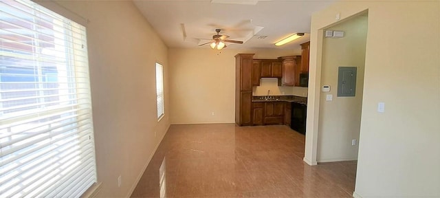 kitchen featuring electric panel, ceiling fan, and sink