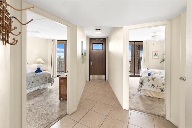 hall featuring expansive windows, a wealth of natural light, and light colored carpet