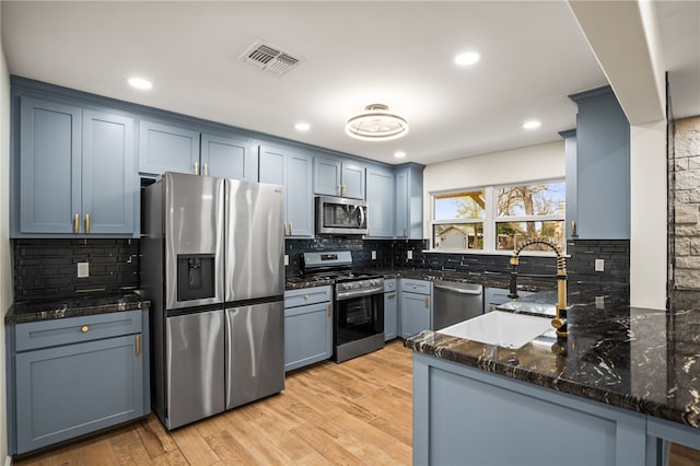 kitchen with light wood-type flooring, dark stone counters, kitchen peninsula, stainless steel appliances, and backsplash