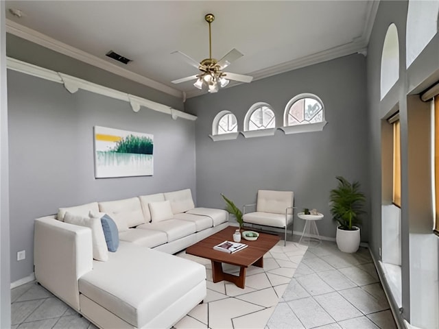 4513 Ammer Lake Dr, Corpus Christi, TX 78413 - living area featuring ornamental molding, ceiling fan, and light tile patterned floors