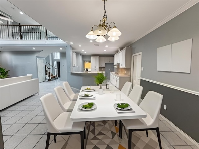 4513 Ammer Lake Dr, Corpus Christi, TX 78413 - dining area featuring stairs, a chandelier, ornamental molding, and recessed lighting