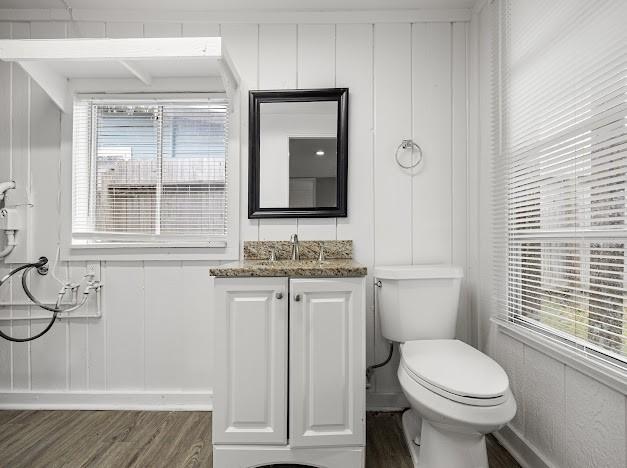 6022 Norvel Dr, Corpus Christi, TX 78412 - bathroom featuring wood finished floors, vanity, a decorative wall, and plenty of natural light