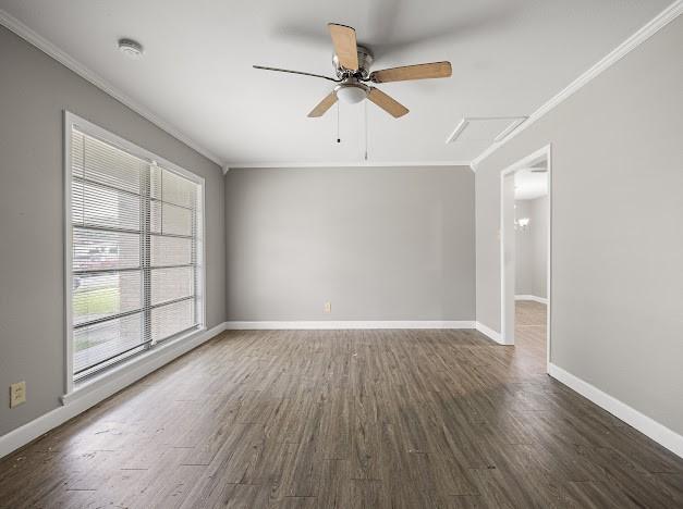 6022 Norvel Dr, Corpus Christi, TX 78412 - unfurnished room with crown molding, wood finished floors, a smoke detector, and a ceiling fan