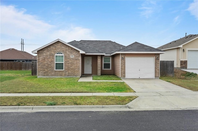 ranch-style home with a front yard and a garage