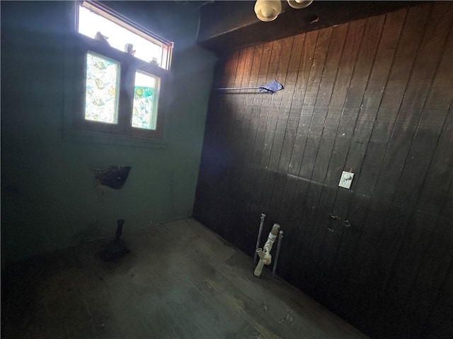 interior space featuring hardwood / wood-style floors and wood walls