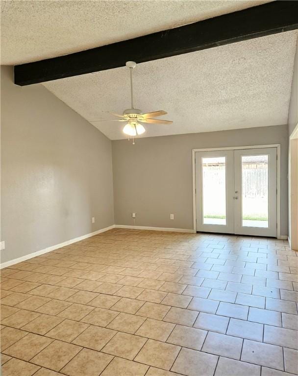 unfurnished room featuring a textured ceiling, french doors, vaulted ceiling with beams, ceiling fan, and light tile patterned flooring