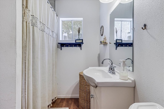 bathroom with hardwood / wood-style floors and vanity