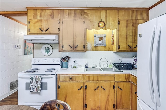 kitchen with white appliances, sink, and dark hardwood / wood-style floors