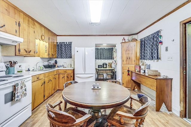 kitchen with white appliances, sink, ornamental molding, and light hardwood / wood-style flooring